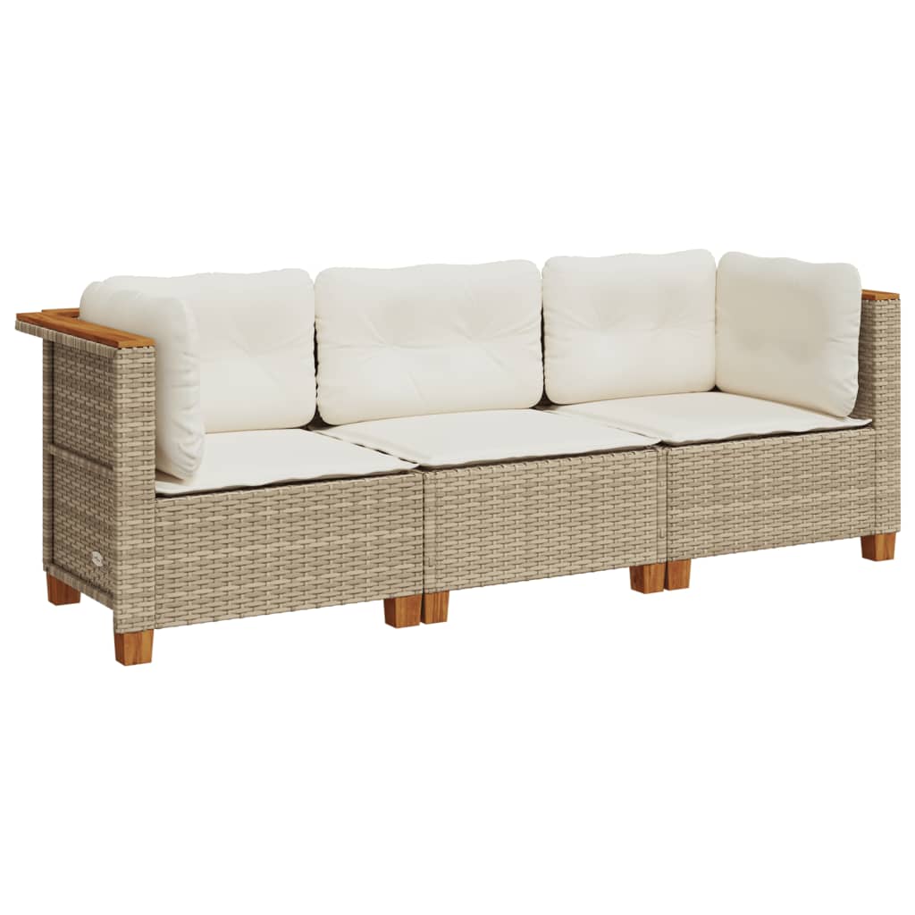 Tuinbank 3-zits met kussens poly rattan beige