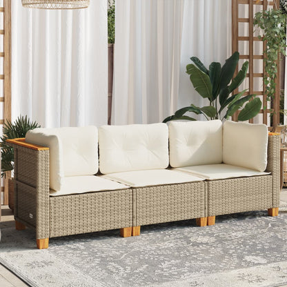 Tuinbank 3-zits met kussens poly rattan beige