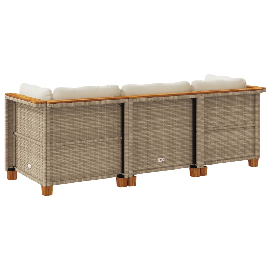 Tuinbank 3-zits met kussens poly rattan beige