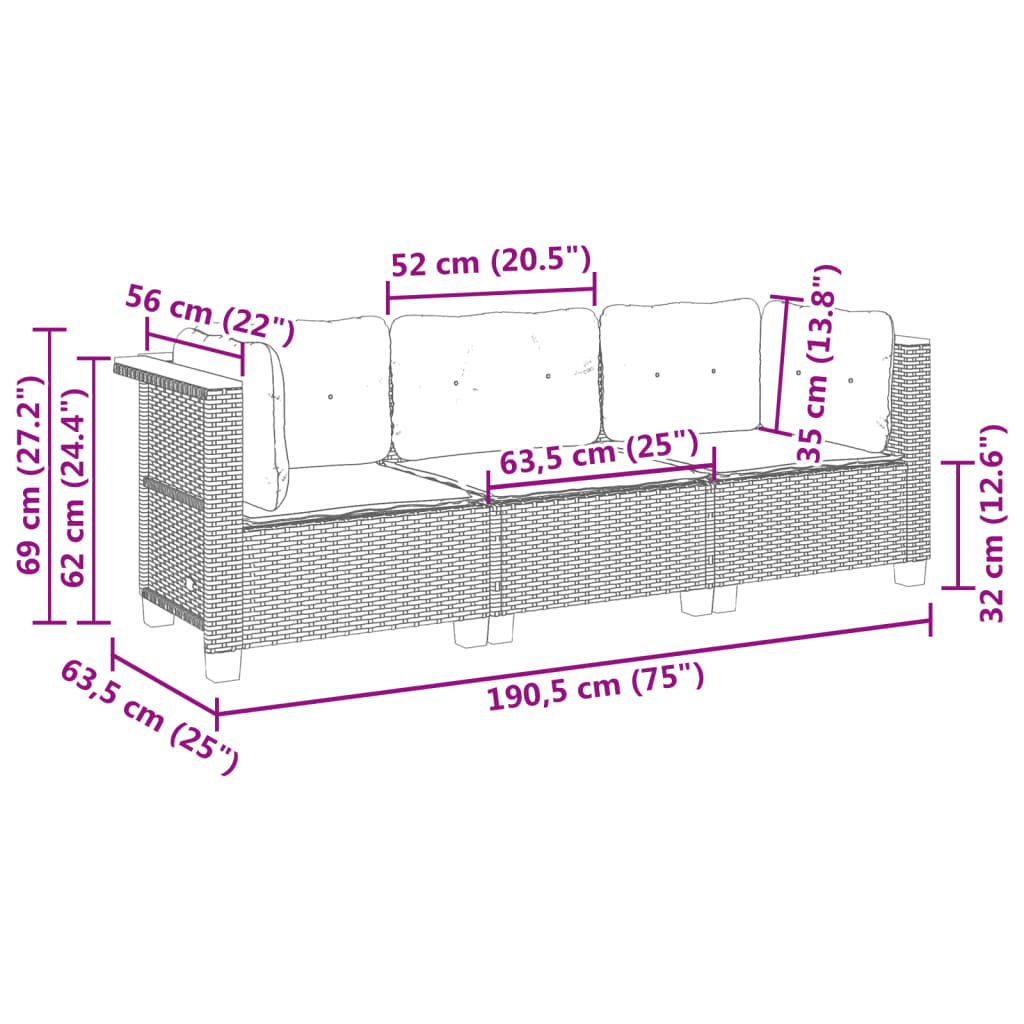 Tuinbank 3-zits met kussens poly rattan beige