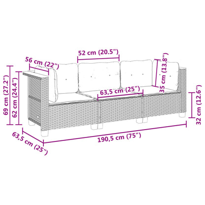 Tuinbank 3-zits met kussens poly rattan beige