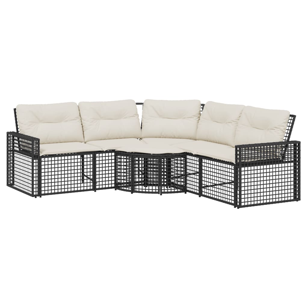 Tuinbank met kussens en voetensteun L-vormig poly rattan zwart