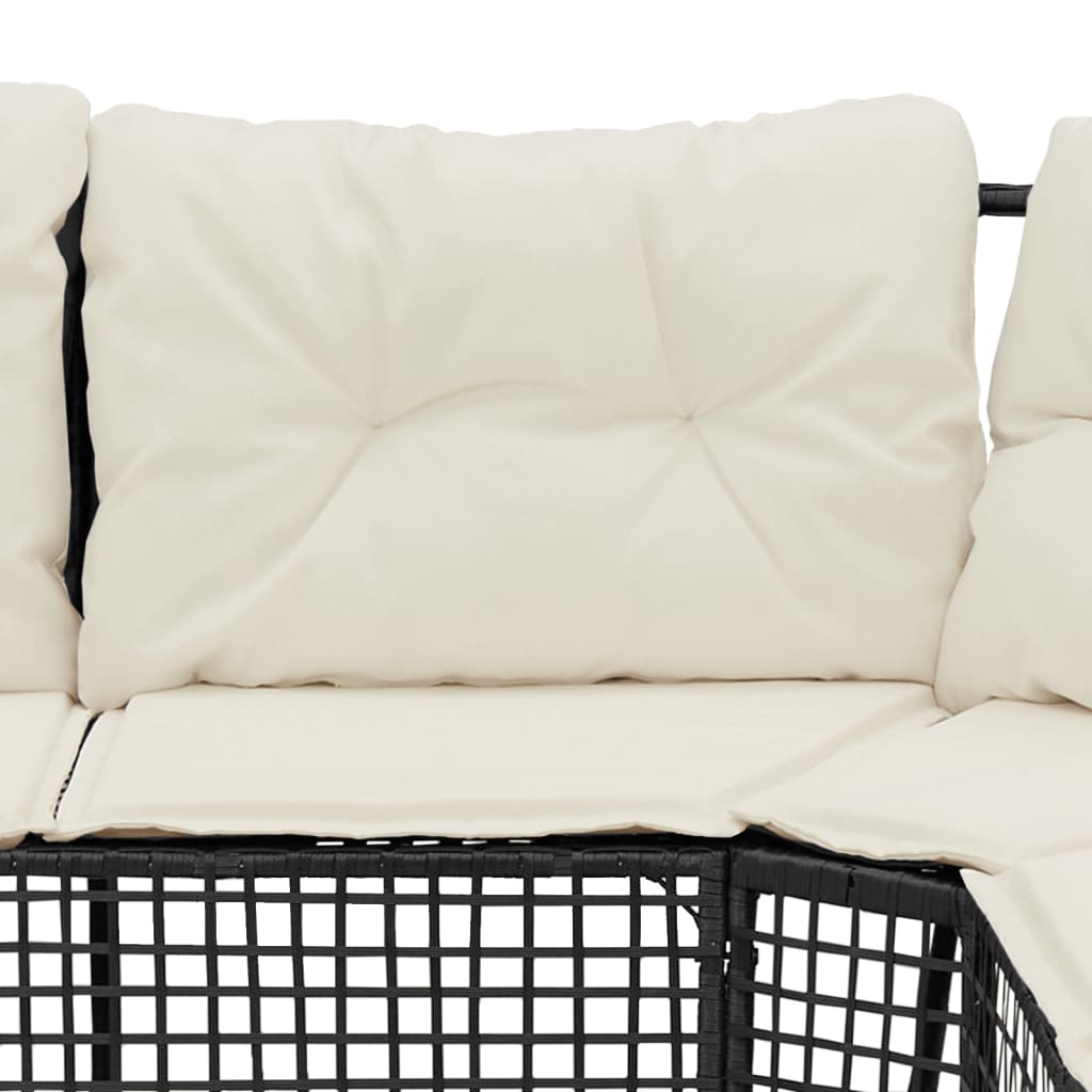 Tuinbank met kussens en voetensteun L-vormig poly rattan zwart
