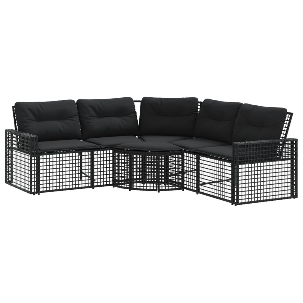 Tuinbank met kussens en voetensteun L-vormig poly rattan zwart