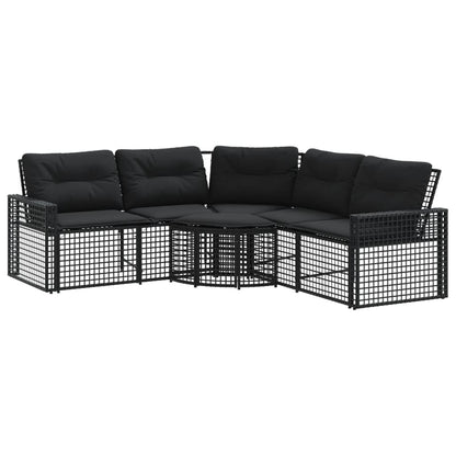 Tuinbank met kussens en voetensteun L-vormig poly rattan zwart