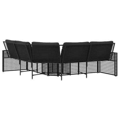 Tuinbank met kussens en voetensteun L-vormig poly rattan zwart