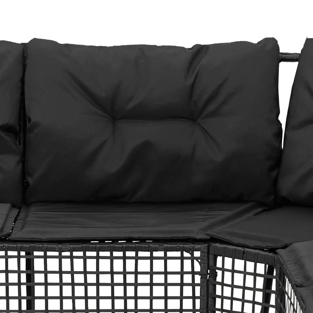 Tuinbank met kussens en voetensteun L-vormig poly rattan zwart