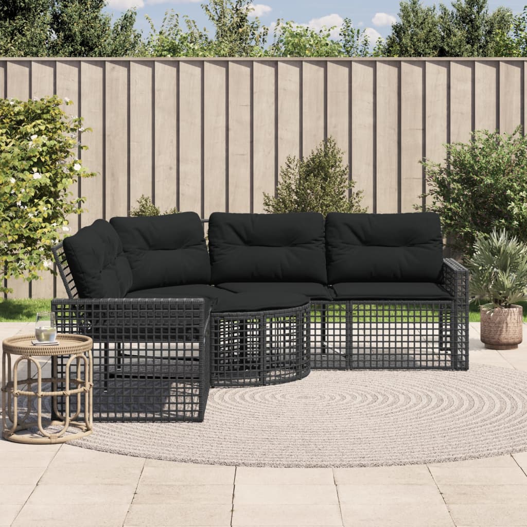 Tuinbank met kussens en voetensteun L-vormig poly rattan zwart