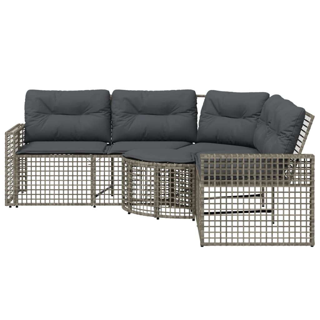 Tuinbank met kussens en voetensteun L-vormig poly rattan grijs