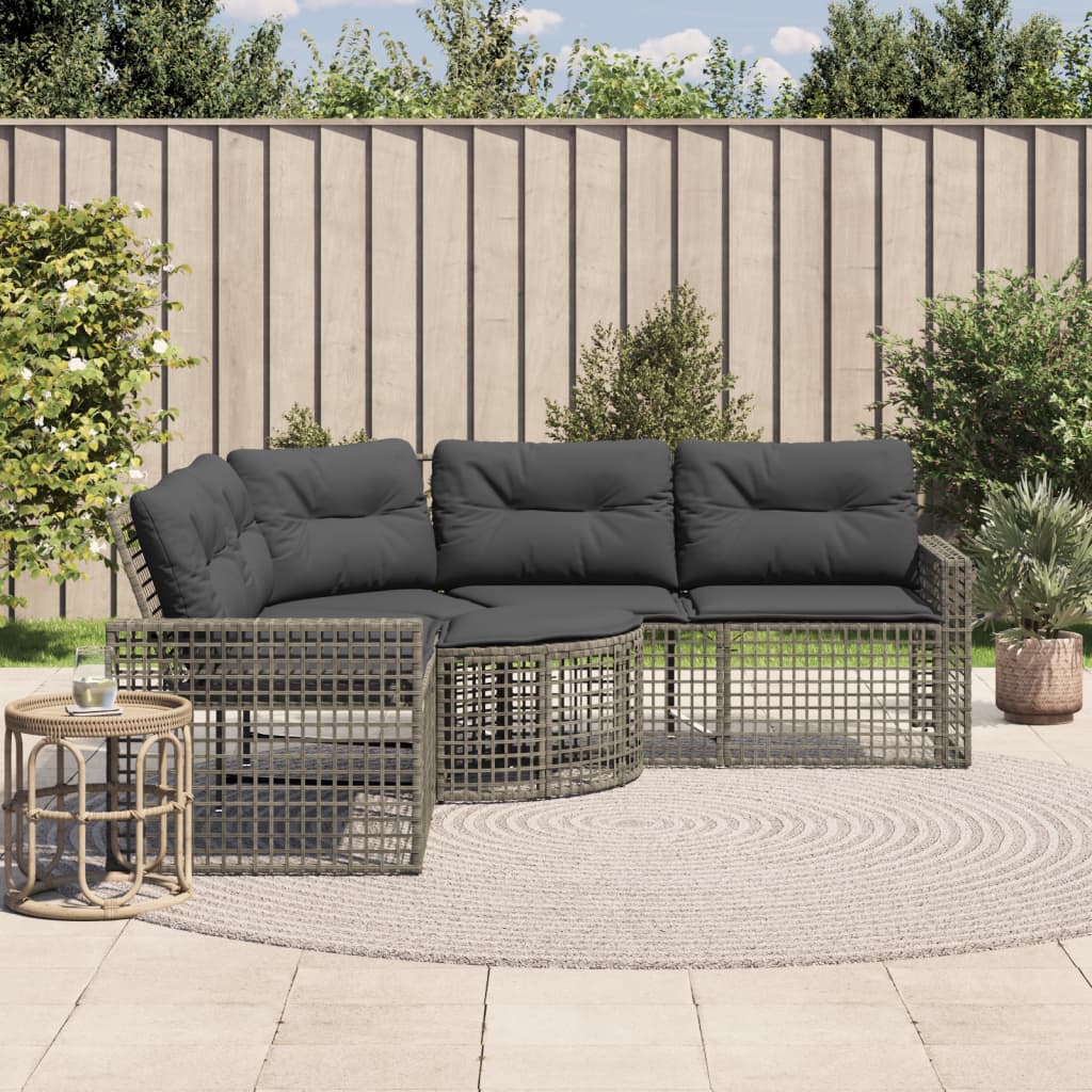 Tuinbank met kussens en voetensteun L-vormig poly rattan grijs