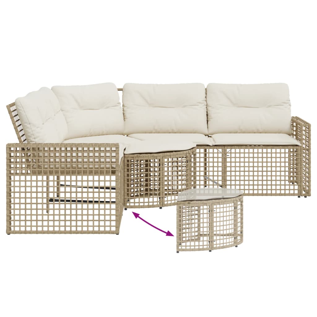 Tuinbank met kussens en voetensteun L-vormig poly rattan beige