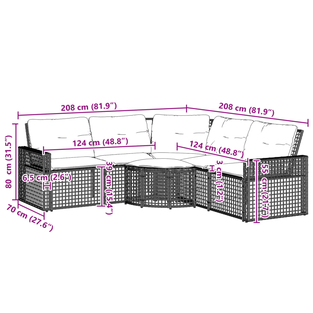 Tuinbank met kussens en voetensteun L-vormig poly rattan beige
