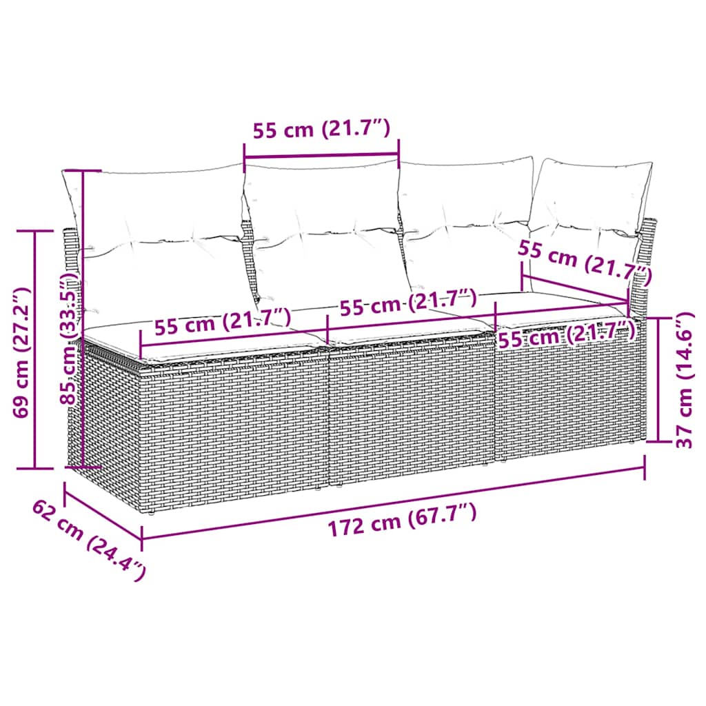 Tuinbank 3-zits met kussens poly rattan lichtgrijs