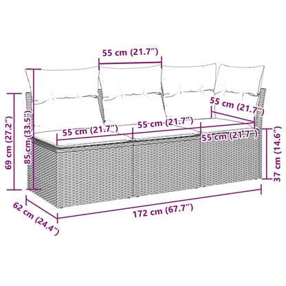 Tuinbank 3-zits met kussens poly rattan lichtgrijs