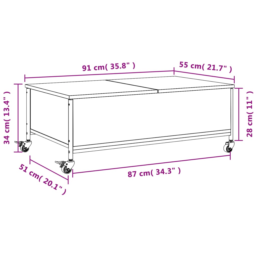  Salontafel met wielen 91x55x34 cm  bewerkt hout zwart