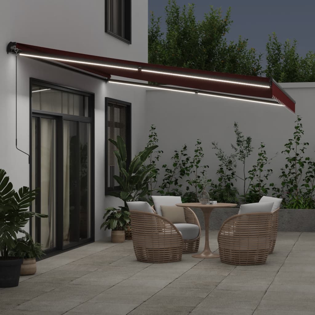 Luifel handmatig uittrekbaar met LED's 450x300 cm bordeauxrood