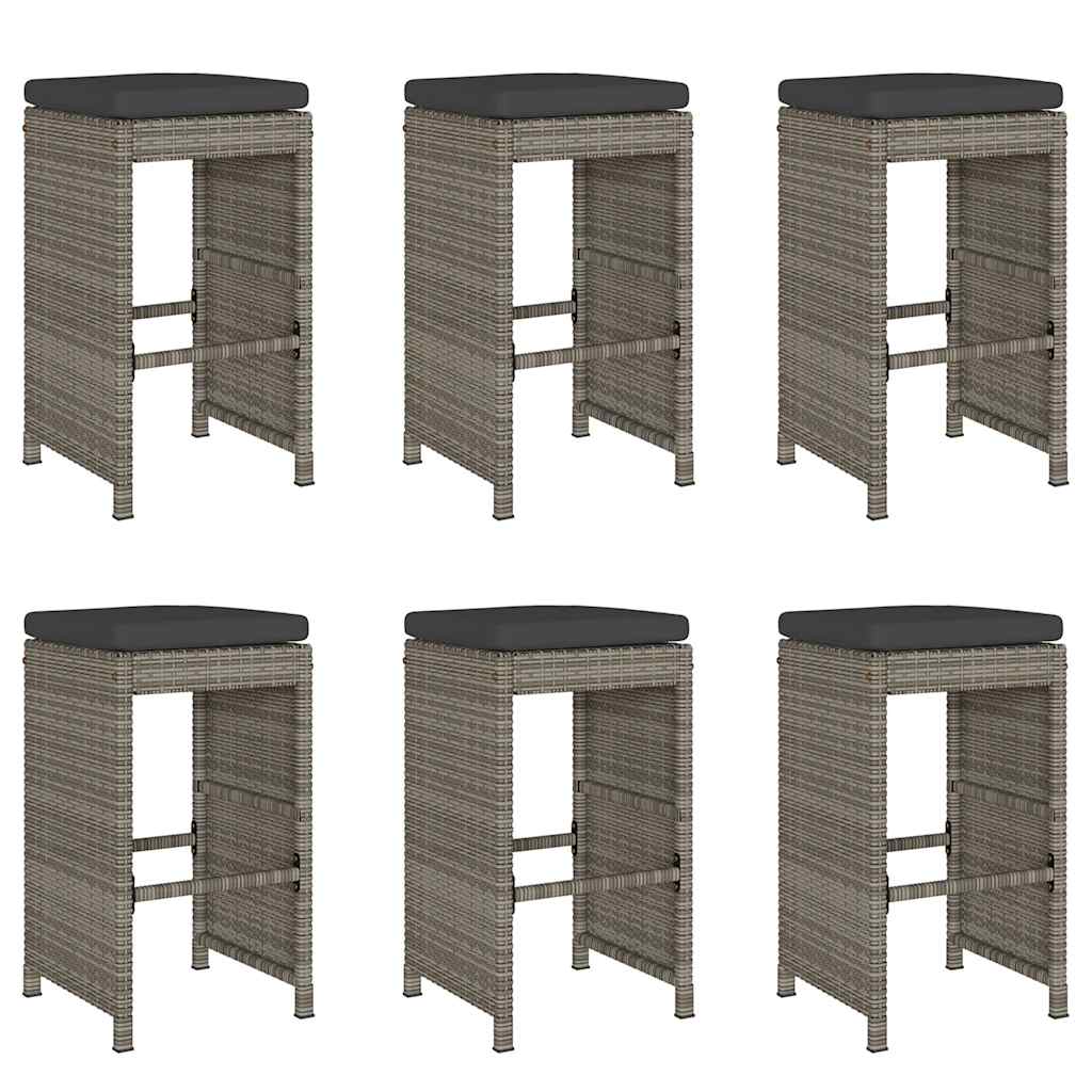 Tuinbarkrukken met kussens 6 st poly rattan grijs