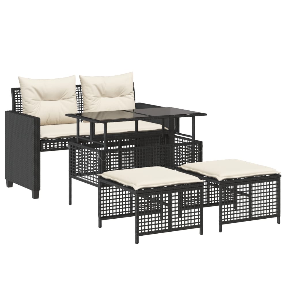 4-delige Loungeset met kussens poly rattan en glas zwart