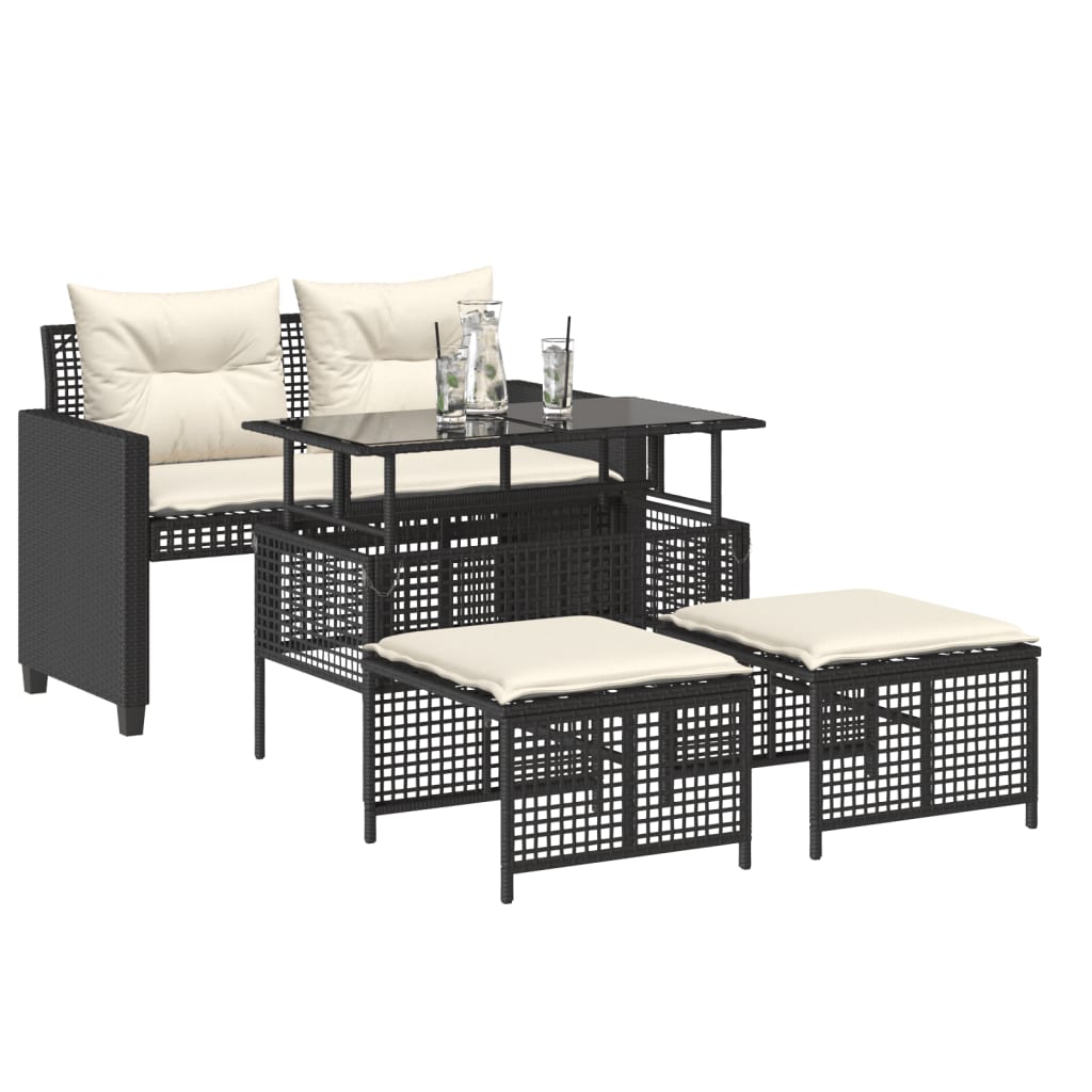 4-delige Loungeset met kussens poly rattan en glas zwart