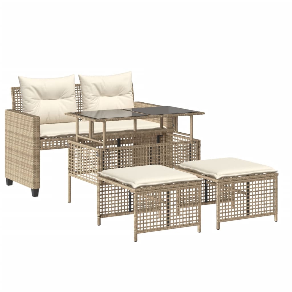 4-delige Loungeset met kussens poly rattan en glas beige
