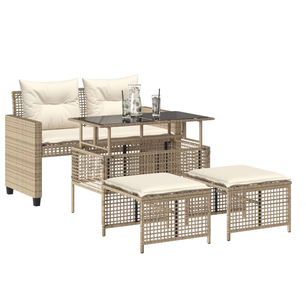 4-delige Loungeset met kussens poly rattan en glas beige