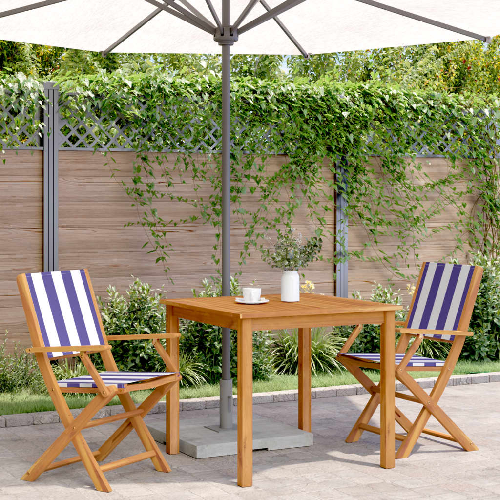 Tuinstoelen 2 st massief acaciahout en stof blauw en wit