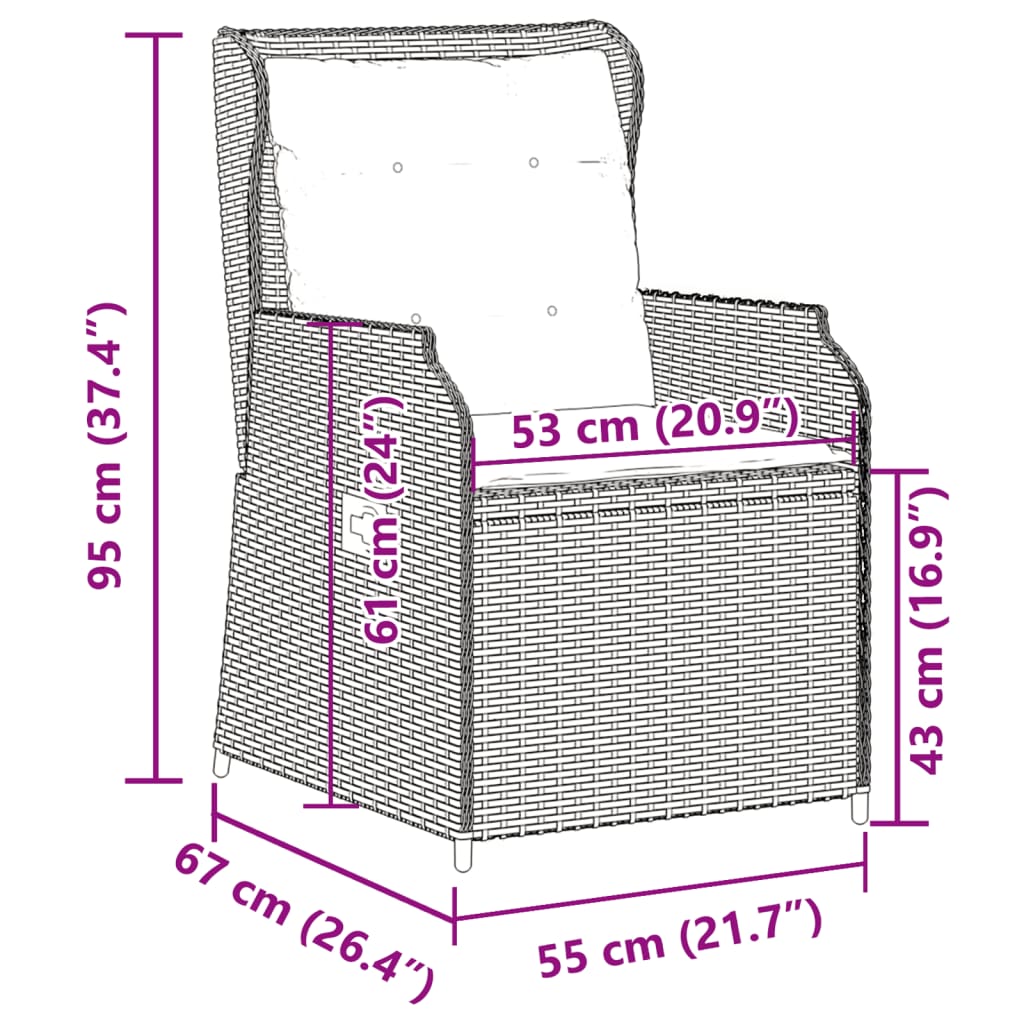 Tuinstoelen 2 st verstelbaar met kussens poly rattan zwart