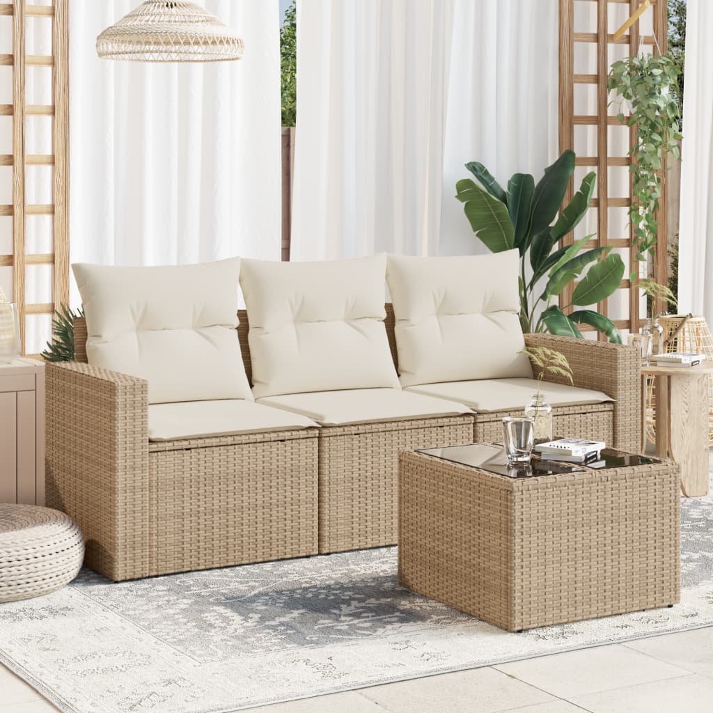 4-delige Loungeset met kussens poly rattan beige