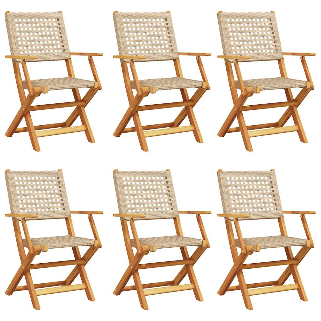 Tuinstoelen 6 st inklapbaar poly rattan en massief hout beige