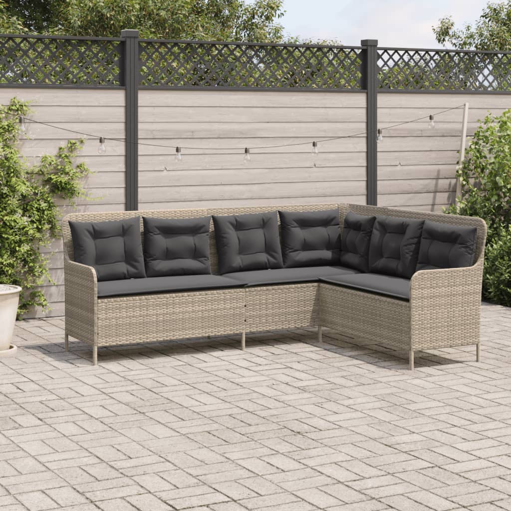 Tuinbank met kussens L-vormig poly rattan lichtgrijs