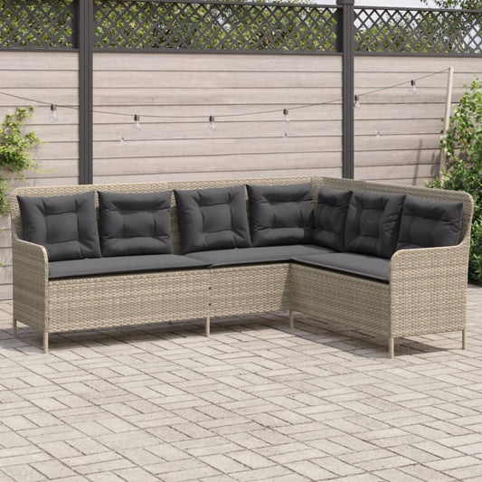 Tuinbank met kussens L-vormig poly rattan lichtgrijs