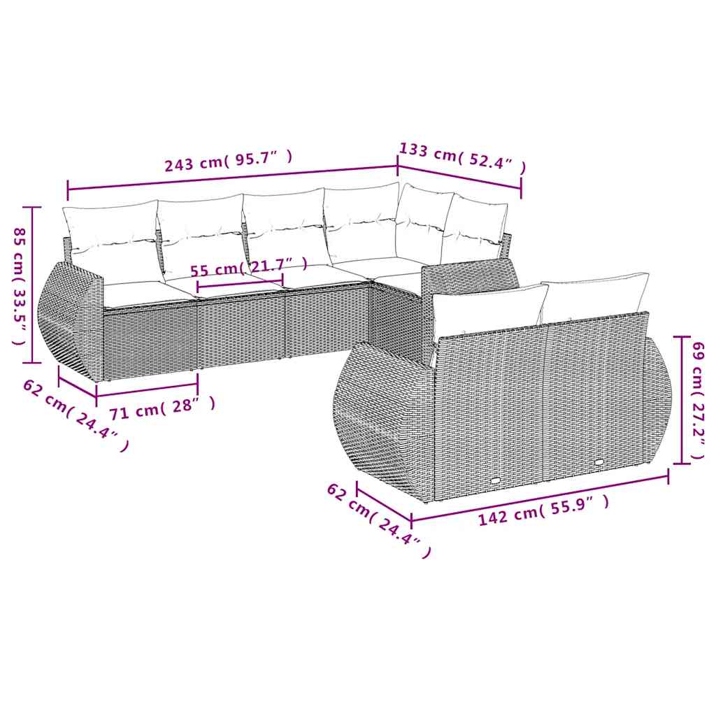 7-delige Loungeset met kussens poly rattan lichtgrijs