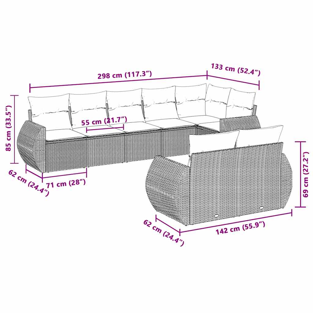 8-delige Loungeset met kussens poly rattan lichtgrijs