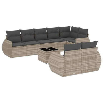 9-delige Loungeset met kussens poly rattan lichtgrijs