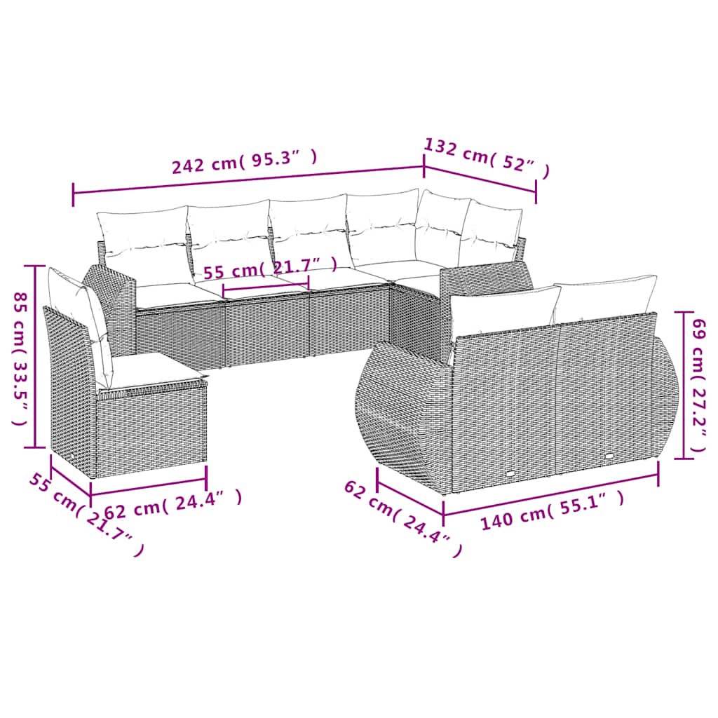 8-delige Loungeset met kussens poly rattan lichtgrijs