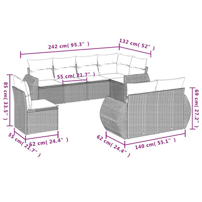 8-delige Loungeset met kussens poly rattan lichtgrijs