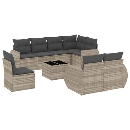 9-delige Loungeset met kussens poly rattan lichtgrijs