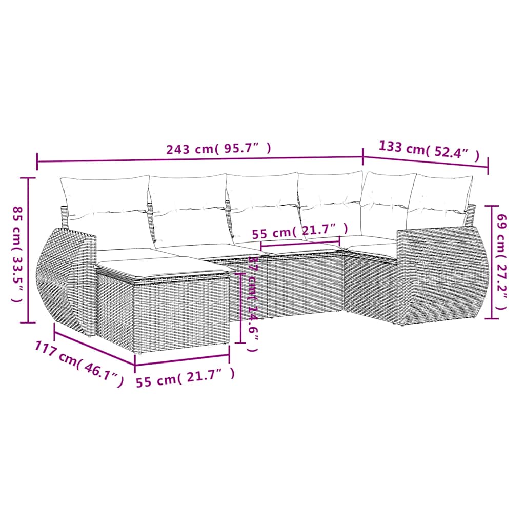 6-delige Loungeset met kussens poly rattan lichtgrijs