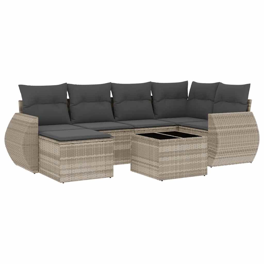 7-delige Loungeset met kussens poly rattan lichtgrijs
