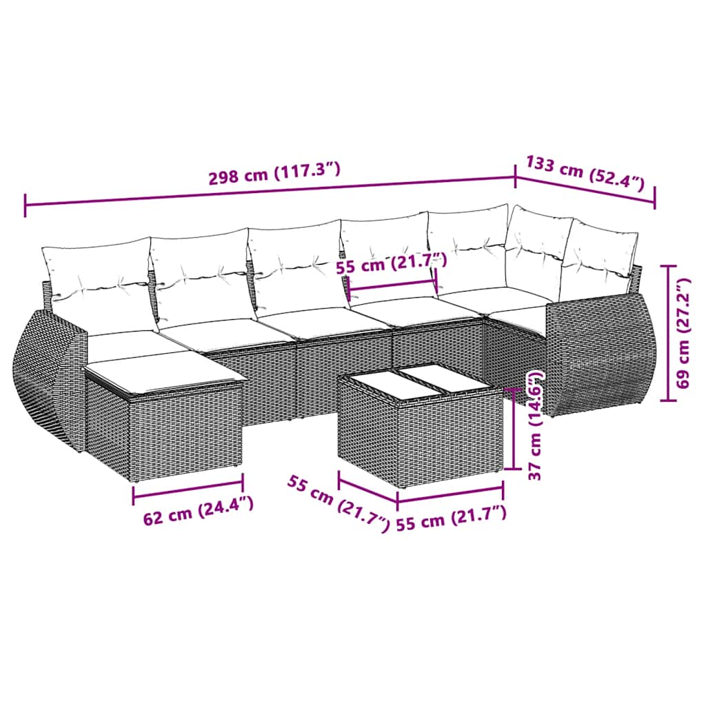 8-delige Loungeset met kussens poly rattan lichtgrijs