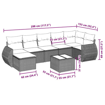 8-delige Loungeset met kussens poly rattan lichtgrijs