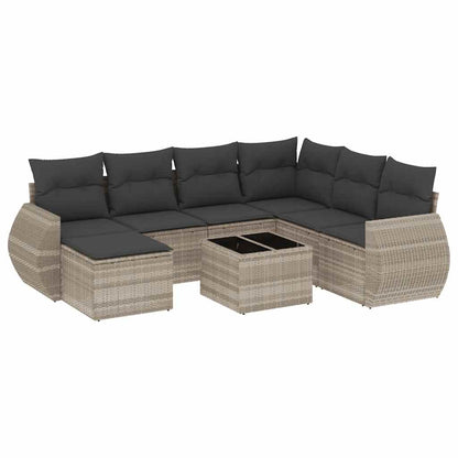 8-delige Loungeset met kussens poly rattan lichtgrijs