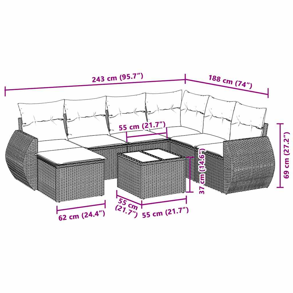 8-delige Loungeset met kussens poly rattan lichtgrijs