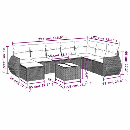 9-delige Loungeset met kussens poly rattan lichtgrijs