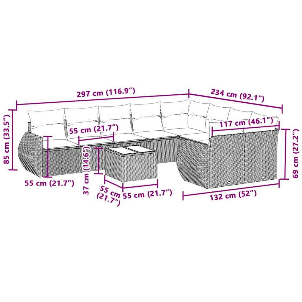 10-delige Loungeset met kussens poly rattan lichtgrijs