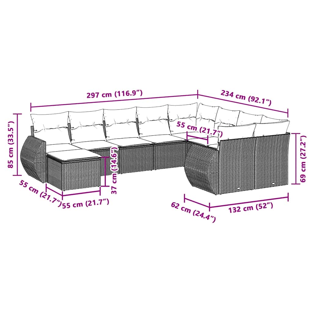 10-delige Loungeset met kussens poly rattan lichtgrijs