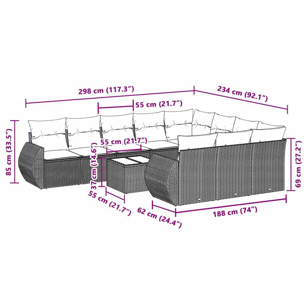 11-delige Loungeset met kussens poly rattan lichtgrijs