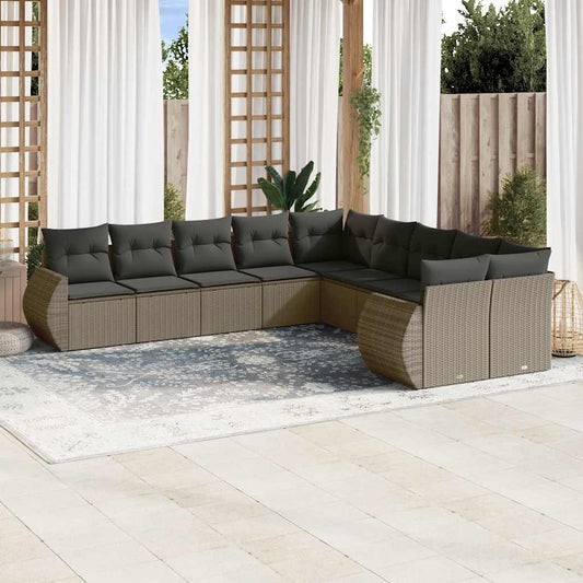 10-delige Loungeset met kussens poly rattan lichtgrijs