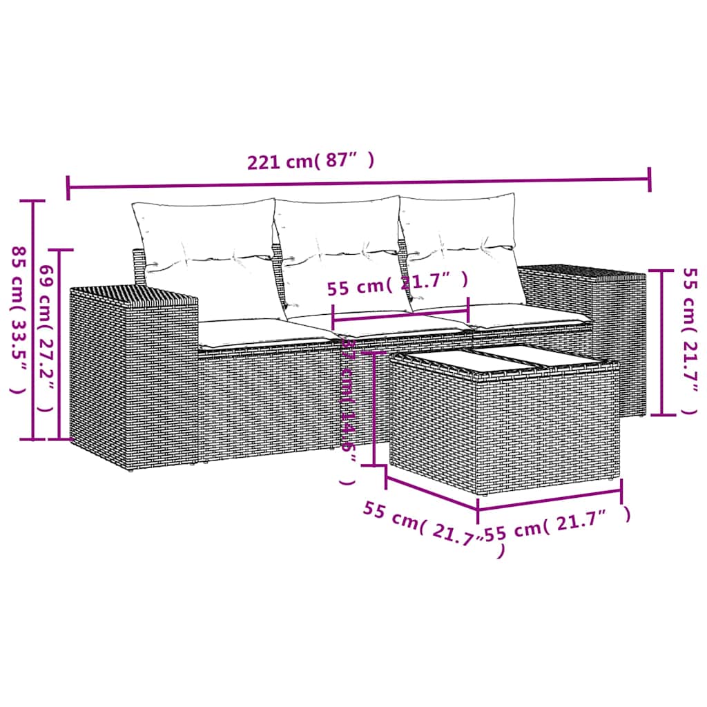 4-delige Loungeset met kussens poly rattan lichtgrijs