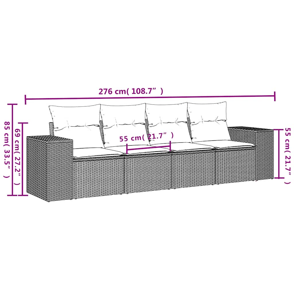 4-delige Loungeset met kussens poly rattan lichtgrijs